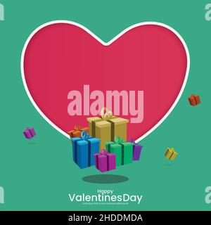 Biglietto di auguri per San Valentino. Forma a cuore grande e Gift Box su sfondo verde Illustrazione Vettoriale
