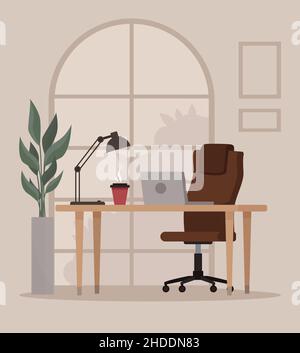 Ambiente di lavoro domestico. Loft ufficio spazio di lavoro con grande finestra e pianta. Concetto di spazio di coworking Illustrazione Vettoriale