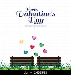 San Valentino design. Concetto di amore, panca vuota su erba nel parco. Banner vacanza, poster web, volantino, brochure elegante, biglietto d'auguri, coperchio. Illustrazione Vettoriale