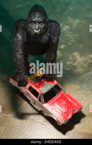 Chiave per gorilla giocattolo per lavorare sul vecchio concetto di auto rossa Foto Stock