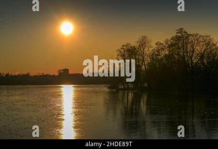 Sonnenuntergang, Eiswerder, Haselhorst, Spandau, Berlino, Germania Foto Stock