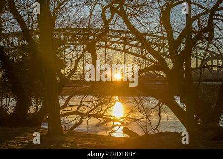 Sonnenuntergang, Große Eiswerderbrücke, Eiswerder, Haselhorst, Spandau, Berlino, Germania Foto Stock