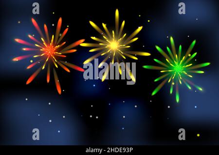 Realistici fuochi d'artificio colorati di rosso, giallo, verde sullo sfondo del cielo stellato. Concetto di vacanza Illustrazione Vettoriale
