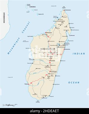 Mappa stradale della nazione africana dell'isola del Madagascar Illustrazione Vettoriale