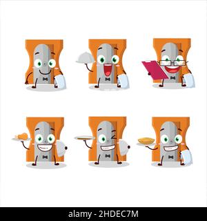 felice matita arancione affilatore cameriere personaggio cartoon tenendo un piatto. Illustrazione vettoriale Illustrazione Vettoriale