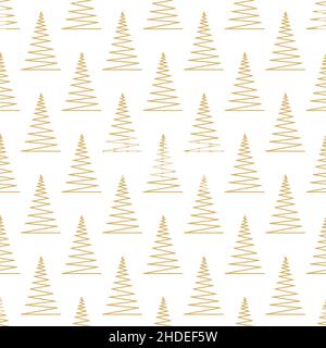 Motivo senza cuciture con alberi di Natale geometrico oro su sfondi bianchi, illustrazione vettoriale. Collezione vacanze invernali. Buon Natale e felice anno nuovo astratto sfondo carta da parati design. Illustrazione Vettoriale