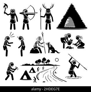 Preistoria Mesolitico preistorico Medio Età della pietra Antica umana. Le illustrazioni vettoriali raffigurano persone umane primitive dell'età della pietra media del meso Illustrazione Vettoriale