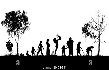 Silhouette di persone. Astrazione del ciclo di vita monocromatico femminile. Illustrazione vettoriale Illustrazione Vettoriale