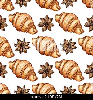 Croissant con motivo dipinto ad acquerello e stelle alla cannella. Stampa continua di alimenti dolci. Adatto per l'imballaggio e la decorazione di dolciumi e di Foto Stock