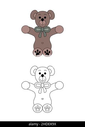 Carino orsacchiotto con la sua cravatta ad arco. Pagina da colorare per bambini. Illustrazione vettoriale. Illustrazione Vettoriale
