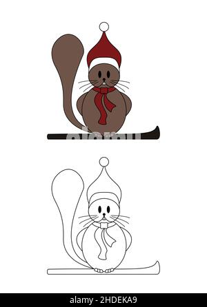 Piccolo castoro. Divertente sul suo snowboard e il suo cappello di natale. Illustrazione vettoriale. Pagina da colorare per bambini. Illustrazione Vettoriale