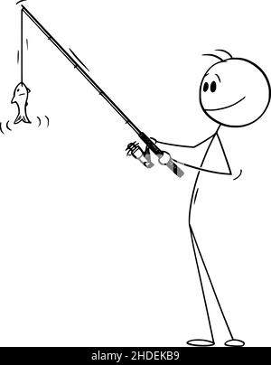 Pescatore asta di presa e pesca piccolo Pesce , vettore Cartoon Stick Illustrazione Illustrazione Vettoriale