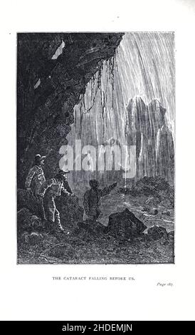 La cataratta che cade davanti a noi illustrato da Jules Ferat da Una città galleggiante, o a volte tradotto la città galleggiante, (in francese: Une ville flottante) è un romanzo di avventura dello scrittore francese Jules Verne pubblicato per la prima volta nel 1871 in Francia. Al momento della sua pubblicazione, il romanzo godeva di un livello di popolarità simile a quello di tutto il mondo in ottanta giorni. La prima edizione britannica e statunitense del romanzo è apparsa nel 1874. Jules Férat ha fornito le illustrazioni originali per il romanzo. Racconta di una donna che, a bordo della nave Great Eastern con il suo marito abusivo, scopre che l'uomo che ama è anche su Foto Stock