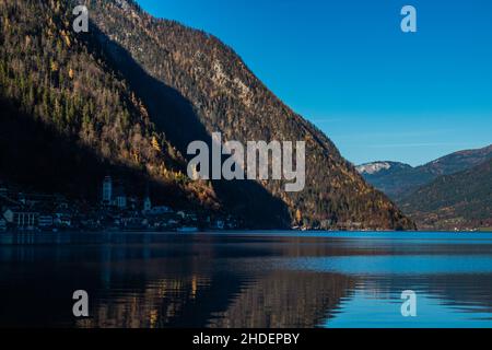 Austria Hallstatt, vista classica del villaggio di Hallstat. Foto Stock