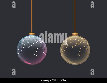 Due palline di vetro trasparente con glitter. Giocattoli di Natale. Decorazioni per albero di nuovo anno. Elemento decorativo per l'annuncio invernale Illustrazione Vettoriale