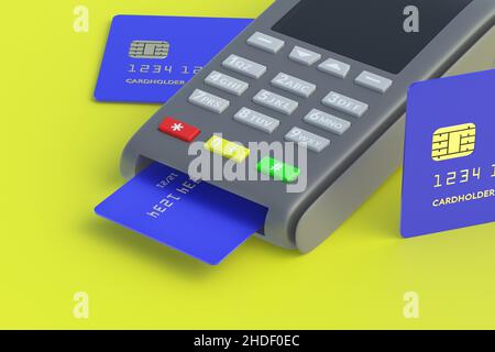 Registratore di cassa portatile con carta di credito in plastica su sfondo giallo. 3d rendering Foto Stock