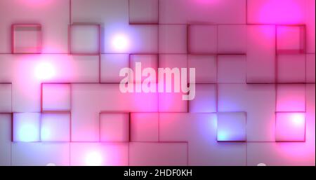 Parete piatta di 3D cubi con sfondo luminoso di luci spot rosa e blu Foto Stock