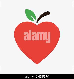 Icona vettoriale di mela rossa a forma di cuore con foglia Illustrazione Vettoriale