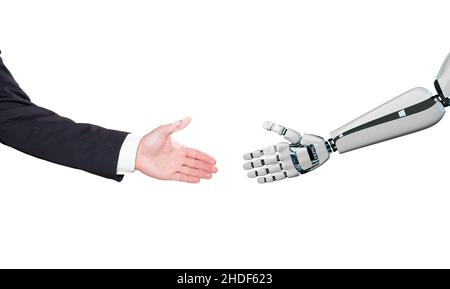 cooperazione, robot, handshake, umani, collaborazione, contribuire, cooperazioni, partnership, partnership, robot, accordo, handshake, scuotimento Foto Stock