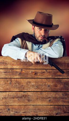 spazio copia, schermo di legno, cowboy, copyspace, schermi di legno Foto Stock