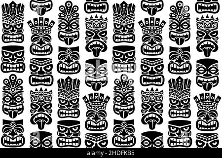 Tiki polo totem vettore senza cuciture pattern - tradizionale statua o maschera Repetitve design dalla Polinesia e Hawaii Illustrazione Vettoriale