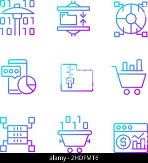 I processi di data mining elaborano un set di icone vettoriali lineari a gradiente Illustrazione Vettoriale