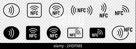 Imposta le icone di pagamento wireless NFC. Illustrazione vettoriale isolata su sfondo trasparente Illustrazione Vettoriale