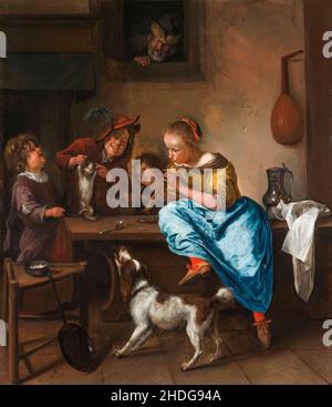 Bambini che insegnano un gatto a ballare (la lezione di ballo), pittura di Jan Steen, 1660-1679 Foto Stock