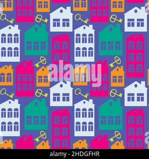 Modello senza cuciture su sfondo quadrato sul tema degli immobili (affitto o vendita) - case e chiavi. Elemento di design di libri, notebook, cartoline, oggetti per interni. Sfondi, tessuti, imballaggi, background per un sito Web, un'applicazione mobile o un blog. edifici, architettura, minimalismo Illustrazione Vettoriale