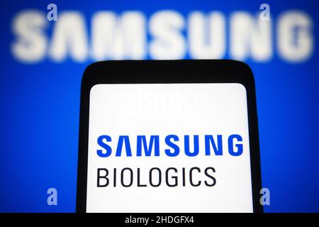 Ucraina. 06th Jan 2022. In questa illustrazione della foto, il logo Samsung Biologics Co., Ltd. Dell'azienda biotecnologica sudcoreana visualizzata sullo schermo di uno smartphone. Credit: SOPA Images Limited/Alamy Live News Foto Stock