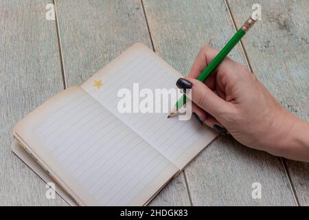 la mano femminile scrive con una matita in un taccuino Foto Stock