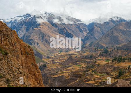 Paesaggio del Canyon del Colca con vette innevate delle Ande in autunno, Arequipa, Perù. Foto Stock