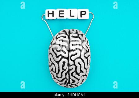 Copia anatomica di un cervello umano con un segnale di aiuto. Chiedere aiuto in una crisi di salute mentale. Foto Stock