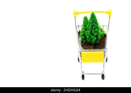 Set-up foresta giocattolo in un piccolo carrello push isolato su bianco, spazio copia. Foto Stock