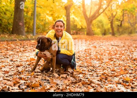 donna, parco, boxer tedesco, femmina, signore, signora, donne, parchi Foto Stock