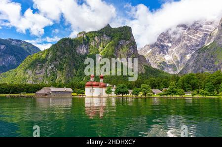 königssee, san bartolomeo, hirschau, cappella, königssees, st. bartholomews, hirschaus, cappelle Foto Stock