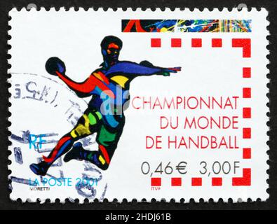 FRANCIA - CIRCA 2001: Un francobollo stampato in Francia mostra i campionati mondiali di pallamano, circa 2001 Foto Stock