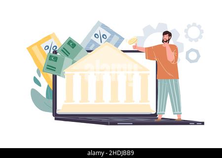 Carattere cartoon piatto alla costruzione della banca, concetto di illustrazione vettoriale di transazioni in linea Illustrazione Vettoriale