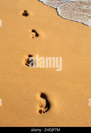 Impronta su spiaggia di sabbia dorata incontaminata e Waterline - Algarve, Portogallo. Foto Stock