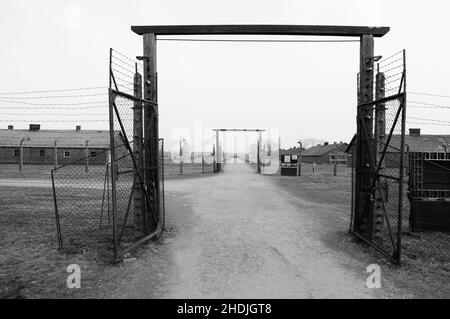 AUSCHWITZ, POLONIA - Marzo 30 2012 veduta malinconica sulle porte aperte nel campo di concentramento circondato da filo spinato. Molto morbido e di aspetto vintage. Foto Stock