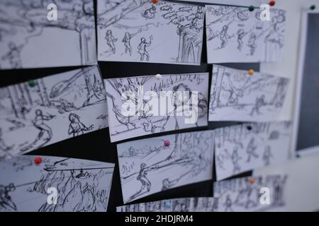 Storyboard con schizzi e disegni per realizzare i videogiochi di Harry Potter allo sviluppo di giochi di Electronic Arts. Foto Stock