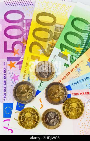 moneta, euro, banconote in euro, banconote, dollari, valuta, denaro, banconote in euro, banconote in euro dell'unione europea, banconote, valuta cartacea Foto Stock