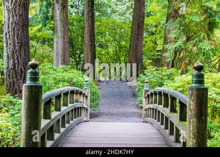 Ponte di legno sopra il giardino di Pond; Portland Japanese Gardens; Portland; Oregon; USA Foto Stock