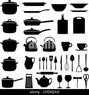 Set di utensili da cucina; silhouette di utensili da cucina, illustrazione vettoriale Illustrazione Vettoriale