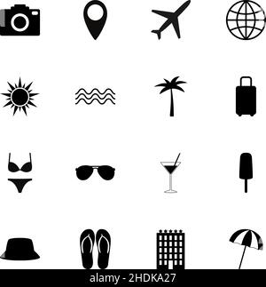 Set di icone di viaggio nere, illustrazione vettoriale Illustrazione Vettoriale