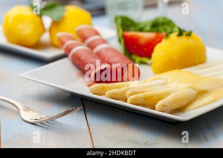 prosciutto, asparagi bianchi, gallese, prosciutti, asparagi Foto Stock