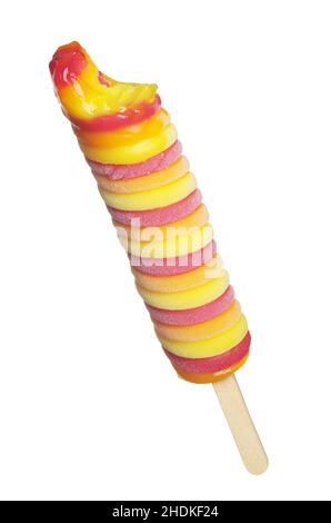 Morsi il gelato colorato a frutta intrecciata su un bastone isolato su uno sfondo bianco Foto Stock