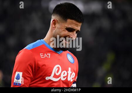 Torino, Italia. 06th Jan 2022. Lorenzo Insigne della SSC Napoli reagisce durante la Serie A 2021/2022 partite di calcio tra Juventus FC e SSC Napoli allo stadio Juventus di Torino (Italia), 6th gennaio 2022. Foto Federico Tardito/Insidefoto Credit: Ininsidefoto srl/Alamy Live News Foto Stock