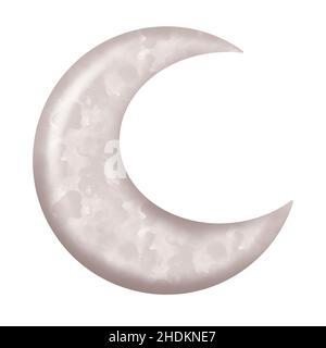 Illustrazione acquerello di una luna crescente in bianco. Mese dei giocattoli per bambini isolato su sfondo bianco Foto Stock