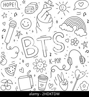 Set K-pop. Simboli della popolare tendenza musicale coreana. Musica BTS. Illustrazione vettoriale dei doodles della collezione. Adoro l'adesivo K-POP. Illustrazione Vettoriale